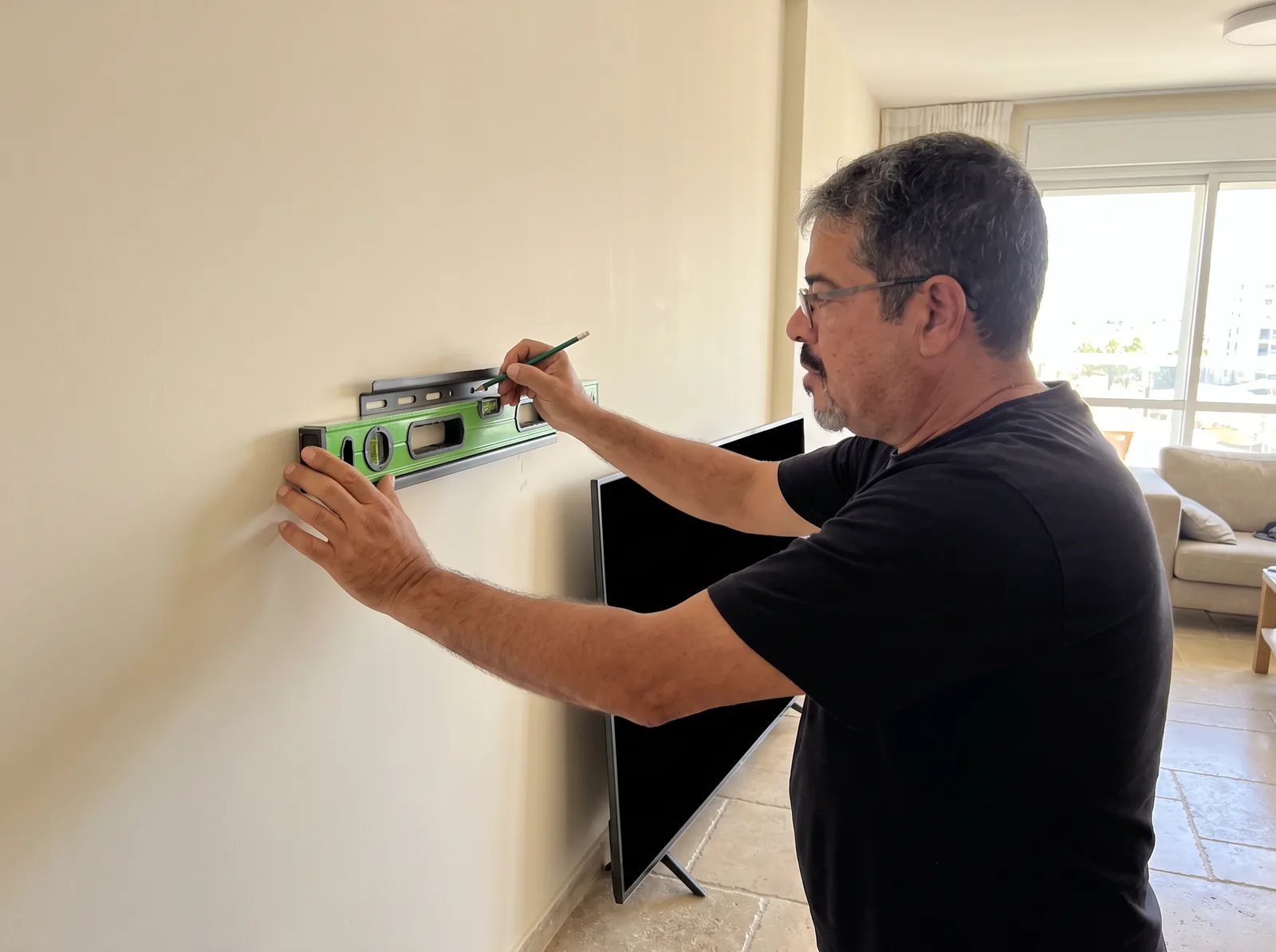 תליית מתקן לטלוויזיה על הקיר עם פלס בסלון באילת